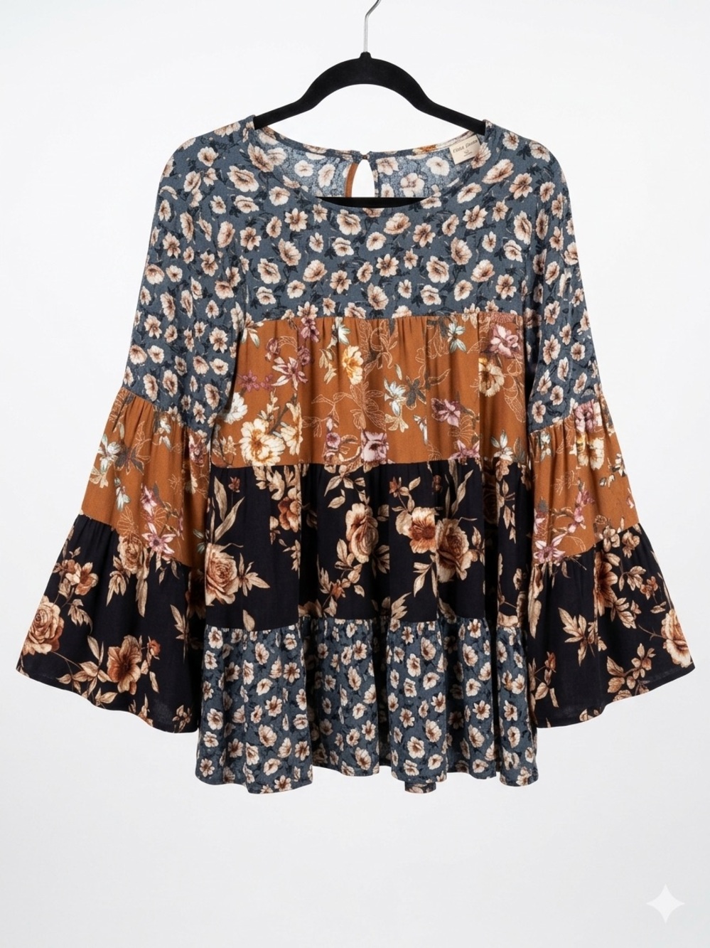 Ces Femme Mixed Floral Patchwork Tiered Babydoll Blouse Flare Bell Sleeve Boho M